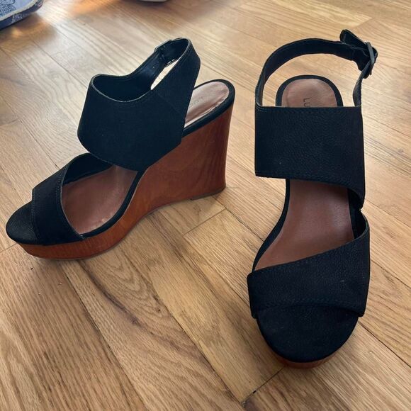 Lucky Brand Women's Latella Platform Wood Wedge Sandals Black Slingback Size 10 - Picture 3 of 7